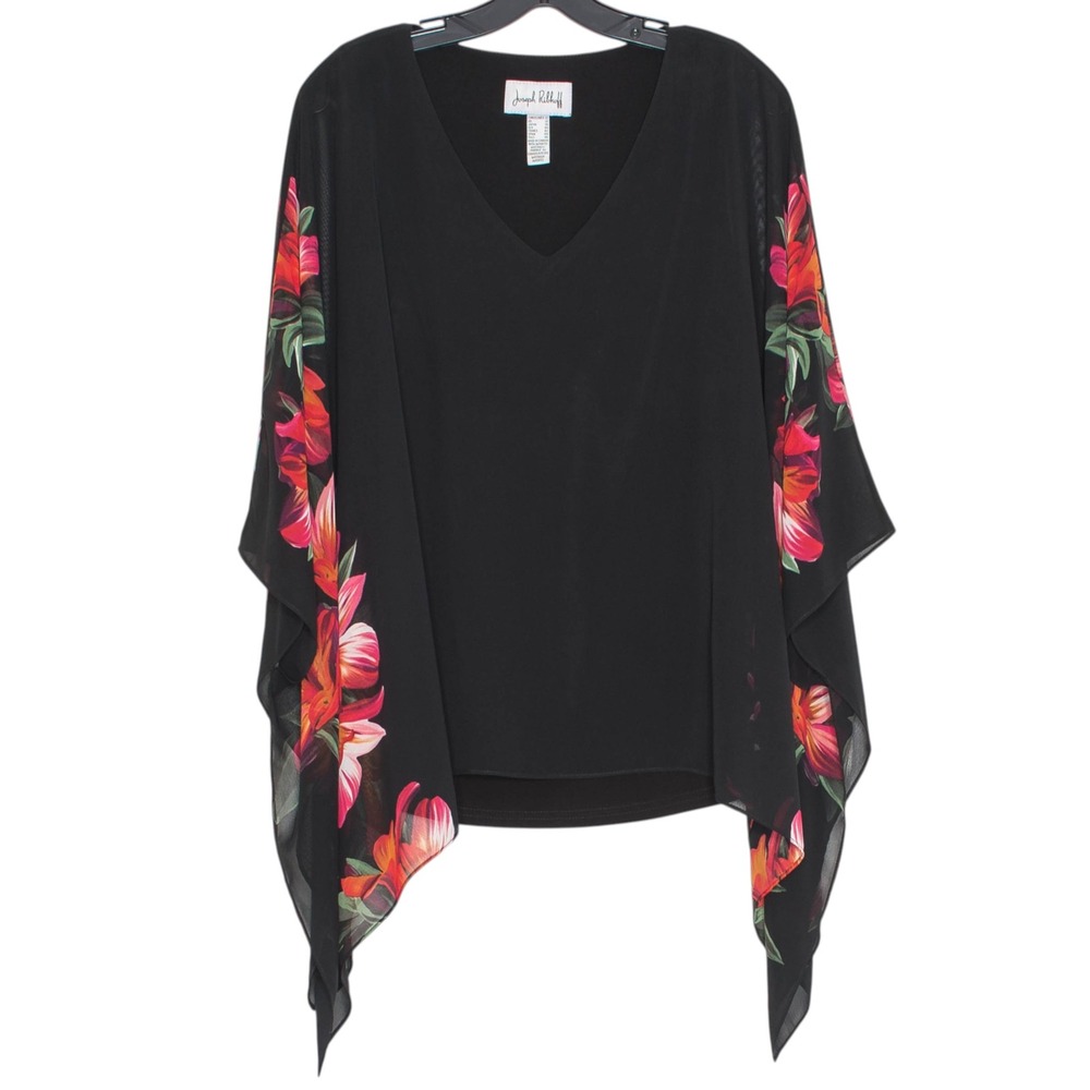 Joseph Ribkoff Top Floral V Neck Sheer Tropical Flowy Cocktail Evening Black 12